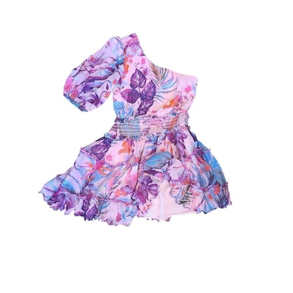 Rococo Sand Zazu One Shoulder Short Dress Smocked Waist Pink Purple Tropical XS - Picture 10 of 16